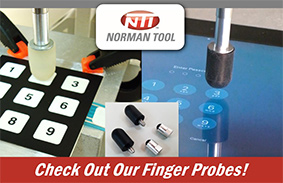 Montage: finger probe on keypad, finger probe on touch screen, and photo of finger probes, with logo and the words Check Out Our Finger Probes!